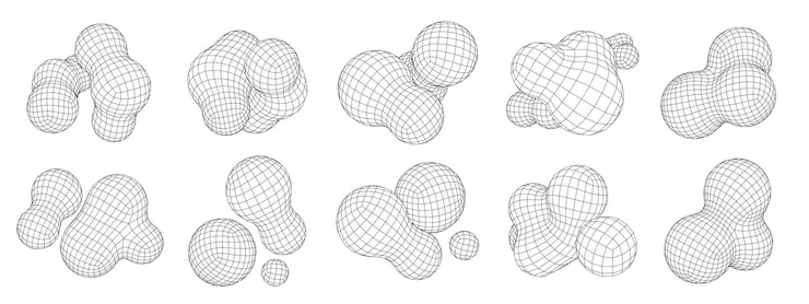Vector blob 3d wireframe shapes polygonal organic objects fluid digital sphere clusters mesh forms and futuristic abstract molecular structures geometric blobs vector set with editable stroke path