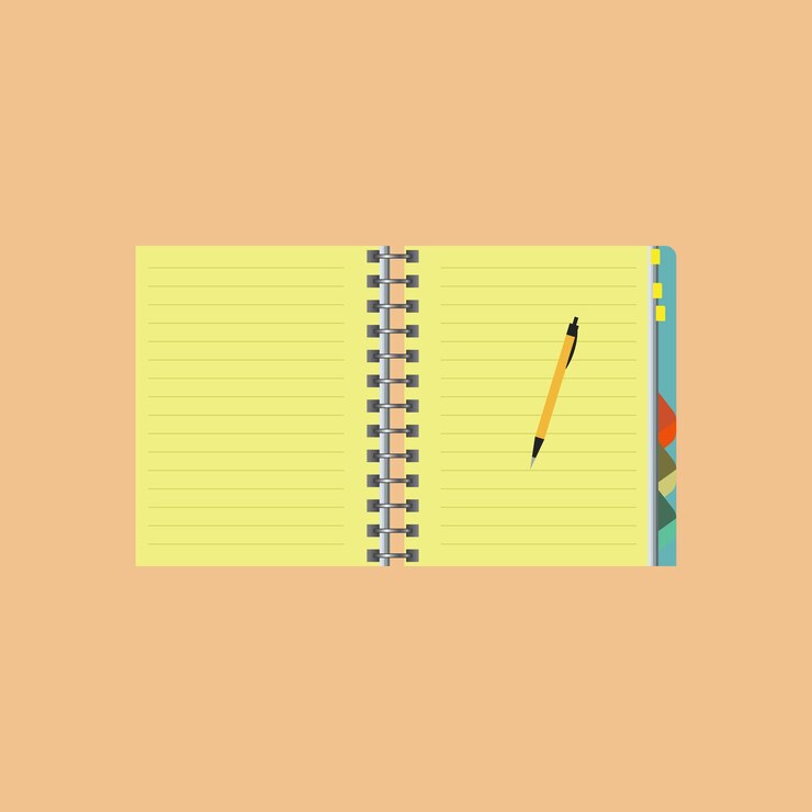 Vector bloc de notas con bolígrafo en la vista superior cuaderno de bocetos o diario abierto oficina y papelería de negocios plana vector