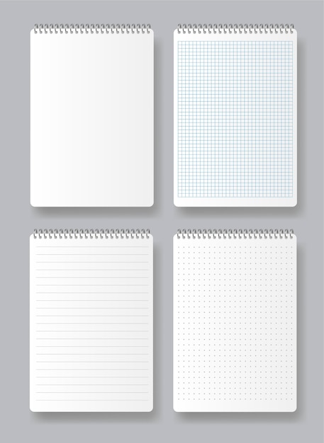 Bloc de notas de espiral realista. varios libros blancos para texto. páginas en blanco del cuaderno escolar con márgenes