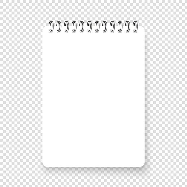 Bloc de notas de espiral realista vertical con sombra. Limpiar la página cuadrada de nota realista. Cuaderno de vector en blanco sobre fondo transparente. Vista superior.