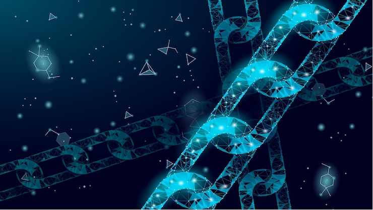 Vector blockchain concepto de símbolo de negocio conexión de cadena red finanzas seguridad de la información 3d bajo poli