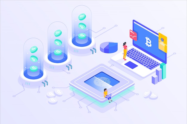 Blockchain Cryptocurrency Bitcoin Mining Servidor en línea Isométrico Vector Illustartion Diseño