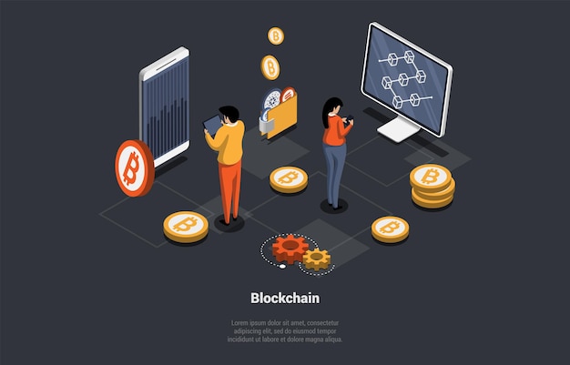 Blockchain y Cryptocurrency Los desarrolladores de hombre y mujer trabajan en la tecnología Blockchain y el número de código binario de transacciones criptográficas Información de flujo de datos grandes Ilustración de vectores de dibujos animados 3D isométricos