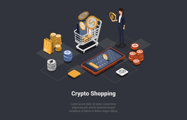 Blockchain Technology Bitcoin Altcoins y compras con Cryptocurrency Personaje femenino Mujer Comprar bienes y servicios Pagar en línea por Crypto en Smartphone Isométrico 3d Cartoon Vector Ilustración