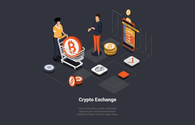 Blockchain Technology Bitcoin Altcoins Trade By Cryptocurrency Characters Compre y venda Crypto en los servicios de bolsa de valores con aplicación móvil Isométrica 3d Cartoon Vector Illustration