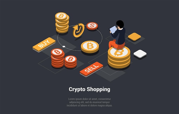 Blockchain technology bitcoin altcoins trade by cryptocurrency man trader compra y venta de crypto en el mercado de valores exchange services trading en tableta isométrica 3d cartoon vector illustration