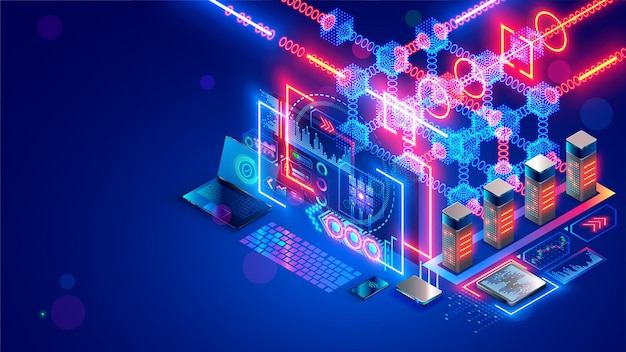 Blockchain tecnología concepto isométrico granja de computadoras de minería criptomoneda dinero digital estantes de servidores en el centro de datos de la mina criptomoneda proceso de big data que consta de una cadena de bloques digitales