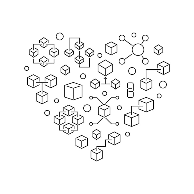 Blockchain vector corazón Esquema bloque cadena iconos en forma de corazón