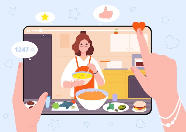 Vector blog de cocina manos sosteniendo tableta cocinero procesamiento video o programa de televisión culinario preparación de comida tutorial en línea aprendizaje receta en internet cocina virtual