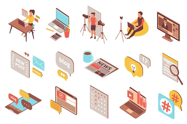 Blog con iconos isométricos y composiciones de pictogramas de comunicación y personajes humanos con ilustraciones vectoriales de burbujas de pensamiento