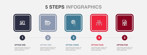 Blog de marketing digital Internet Gestión de contenido Iconos de investigación de marketing Plantilla de diseño infográfico Concepto creativo con 5 pasos