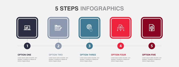 Blog de marketing digital internet gestión de contenido iconos de investigación de marketing plantilla de diseño infográfico concepto creativo con 5 pasos