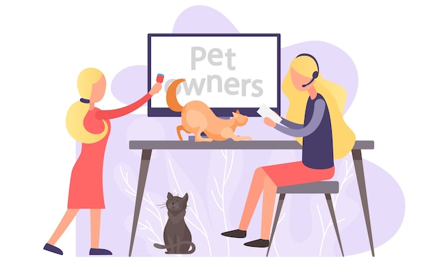 Blog de video para dueños de mascotas, mujeres cerca de la pantalla de la computadora con un tutorial sobre cómo tener gatitos en casa.