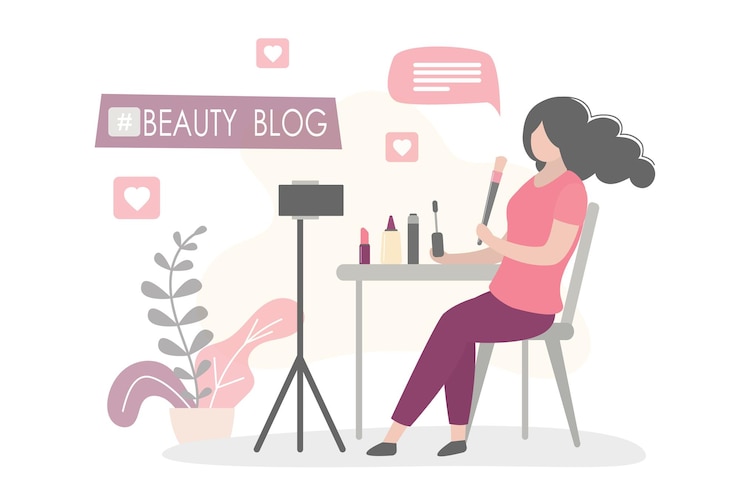 Vector blogger de belleza femenina haciendo reseñas de cosméticos y grabando video para su blog