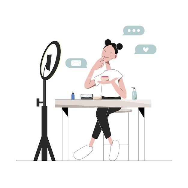 Blogger de belleza grabando video tutorial de maquillaje para su vlog Ilustración vectorial aislado en blanco