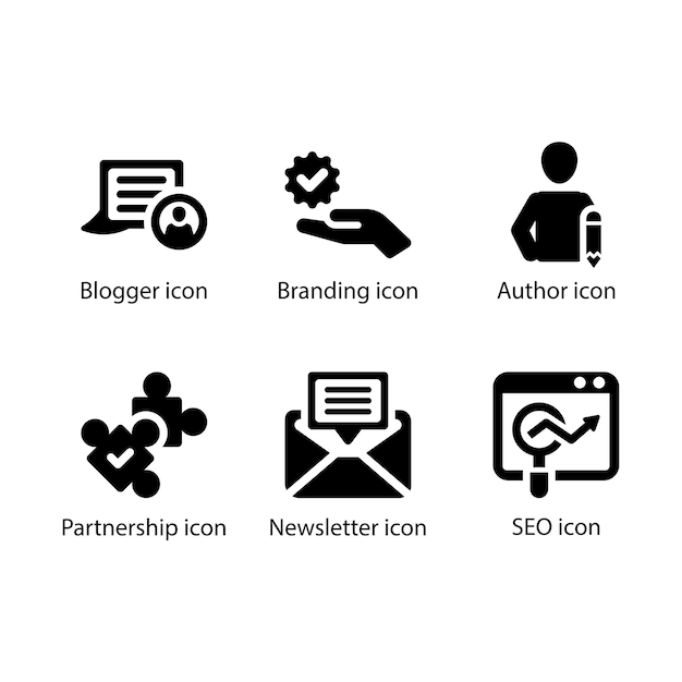 Blogger Branding Autor Asociación Boletín de noticias SEO Conjunto de íconos negros