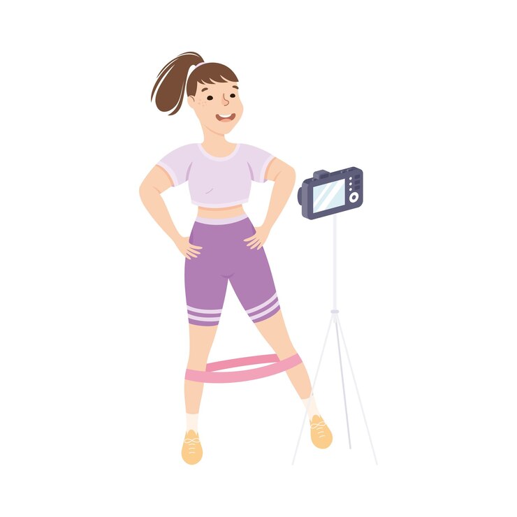 Vector blogger chica haciendo ejercicios de fitness y grabando video con cámara en trípode mujer haciendo ejercicios deportivos con bandas de goma de fitness ilustración vectorial de estilo dibujos animados