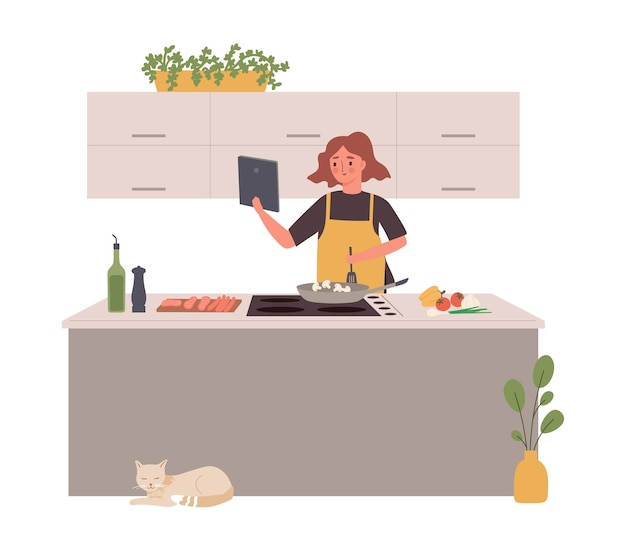 Blogger de cocina Persona de dibujos animados que prepara comida y transmite vlogger culinario de moda creando contenido y enseñando