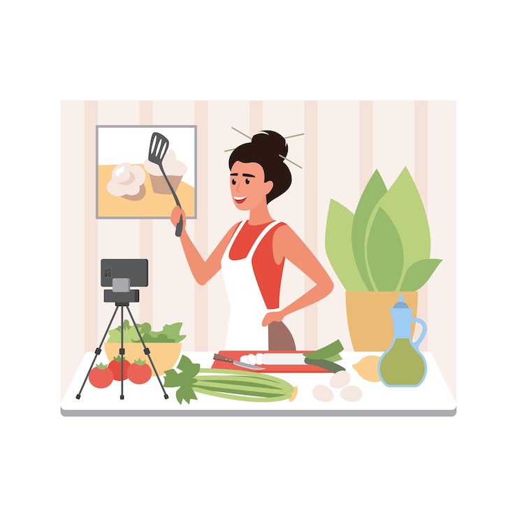 Vector blogger de comida cocinando en la cocina de casa frente a la cámara del teléfono en un trípode para grabar contenido para el blog