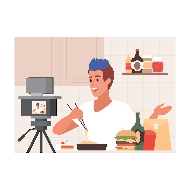 Vector blogger de comida creando video para blog o vlog revisión hombre comiendo comida rápida
