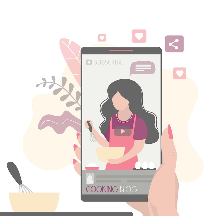 Vector blogger de comida dice cómo cocinar un plato aplicación de video en ilustración vectorial de teléfono móvil