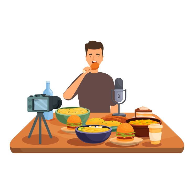 Vector blogger de comida grabando un programa de comida en casa usando una cámara