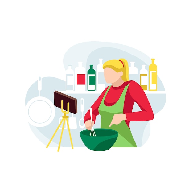 Blogger de comida registra receta para suscriptores Concepto de cursos de cocina en línea Chef femenina mezcla ingredientes para plato