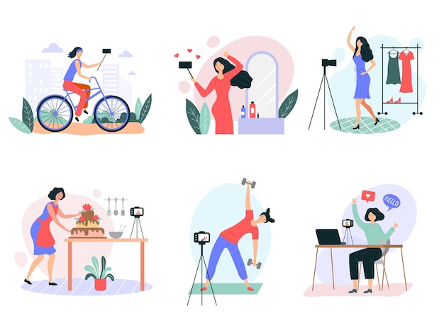 Blogger femenina Beauty vlogger grabando video en smartphones estudio de autoproducción recientes imágenes conceptuales de personajes planos vectoriales