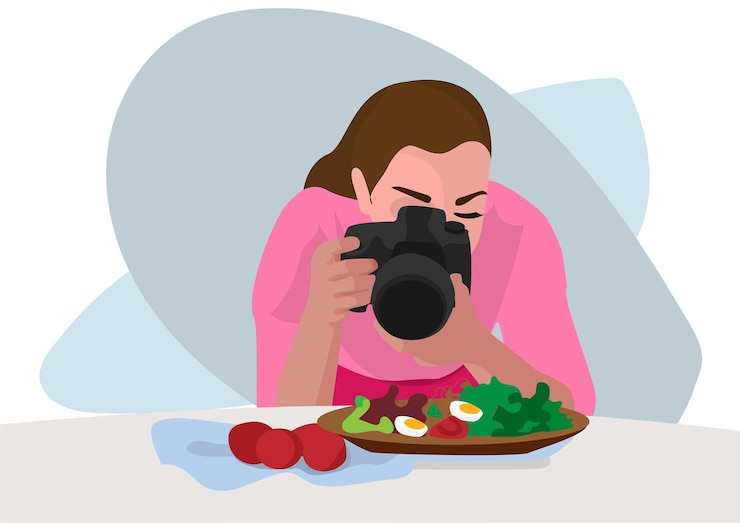 Vector blogger femenina cocinando y tomando fotos de comida con una cámara para aparecer en su lista vector de ilustración de dibujos animados de estilo plano