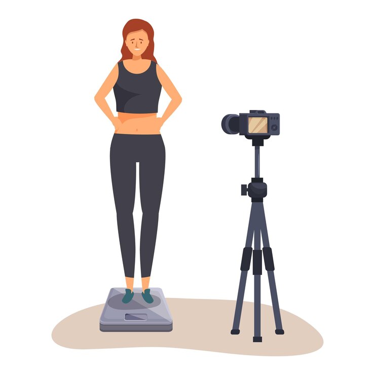 Vector blogger de fitness grabación de video blog sobre el progreso de la pérdida de peso de pie en balanzas inteligentes