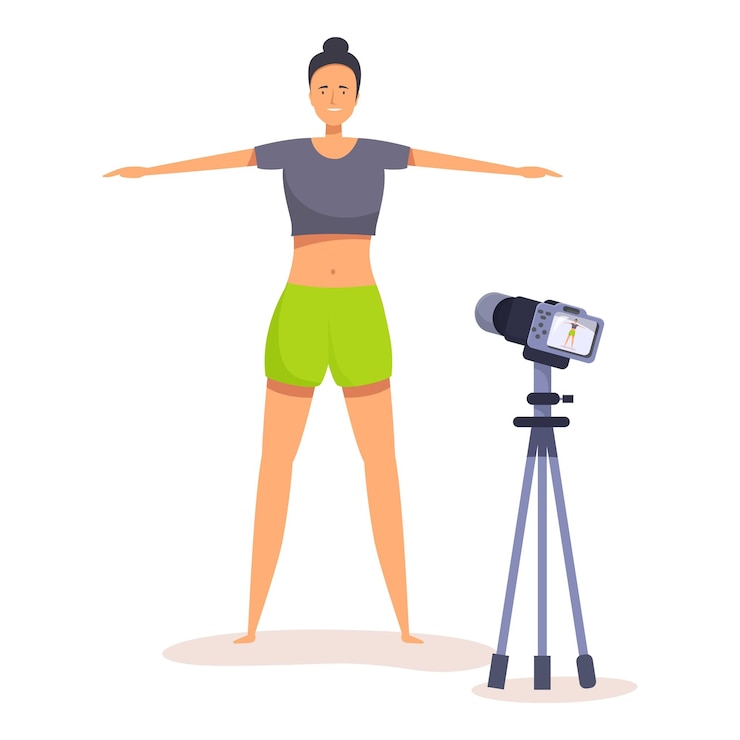 Vector blogger de fitness grabando un programa de entrenamiento en línea con cámara en un trípode