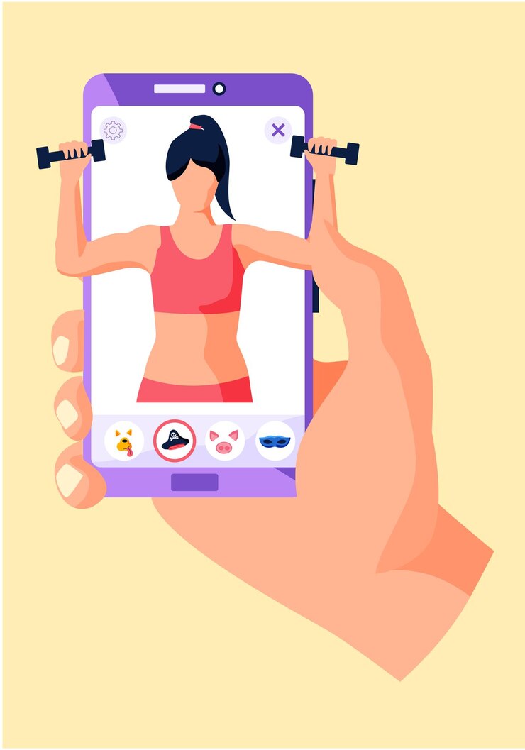 Vector blogger de fitness haciendo ejercicios con mancuernas gimnasio en línea en la pantalla concepto de estilo de vida saludable