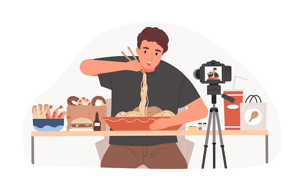Blogger grabando video de Mukbang para vlog de entretenimiento, comiendo comida asiática frente a la cámara. Vlogger creando contenido para su canal. Ilustración de vector plano coloreado aislado sobre fondo blanco.