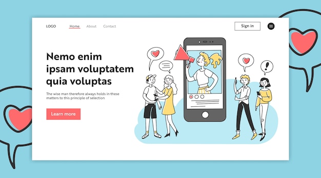 Blogger gritando al megáfono en la pantalla del teléfono