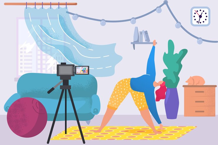 Vector blogger hace video sobre fitness en línea, ilustración vectorial. blog de redes sociales de flujo de personaje de mujer con tecnología de cámara, vlog con ejercicio. chica de streaming en casa, concepto de estilo de vida deportivo.