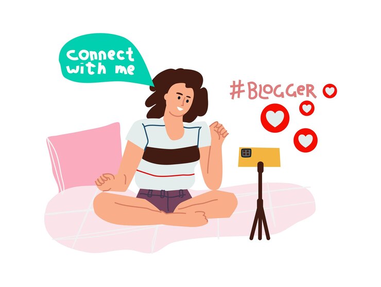 Vector blogger haciendo video o transmitiendo concepto de creación de contenido mujer grabando podcast para seguidores y suscriptores de la red personaje femenino sentado en la cama con un teléfono inteligente vector influencer