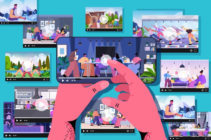 Vector blogger manos compartiendo videos en redes sociales haciendo publicaciones para seguidores concepto de adicción a las redes sociales ilustración vectorial horizontal