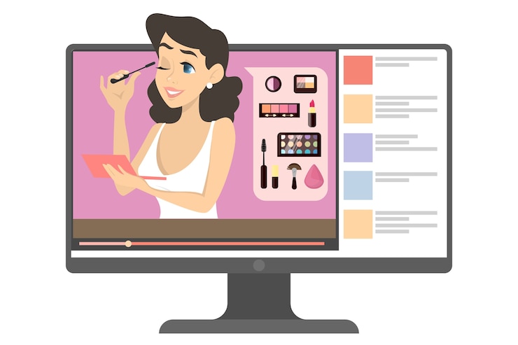 Vector blogger de maquillaje femenino en internet. contenido de video con mujer haciendo tutorial de maquillaje. belleza y moda. ilustración en estilo de dibujos animados.
