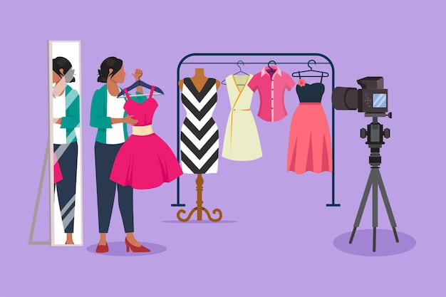 Blogger de moda de carácter plano Vestido tiendas de ropa en línea y lookbooks revisión de influencers Streamer de estilo femenino Asesor de moda estilista Ilustración vectorial de diseño de dibujos animados