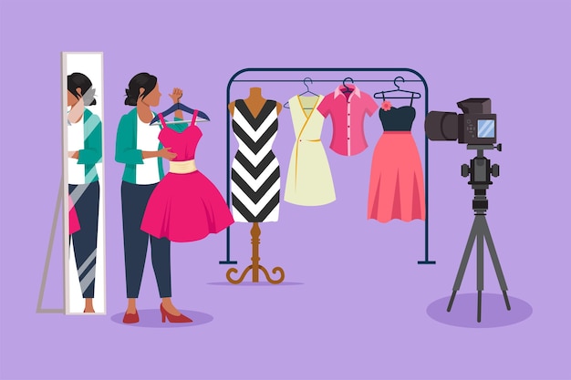 Vector blogger de moda de carácter plano vestido tiendas de ropa en línea y lookbooks revisión de influencers streamer de estilo femenino asesor de moda estilista ilustración vectorial de diseño de dibujos animados