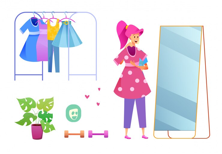 Vector blogger de moda haciendo una revisión de vestimenta frente al espejo