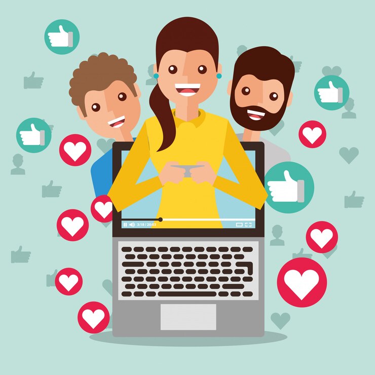 Vector blogger mujer en la pantalla contenido viral personas seguidores como amor