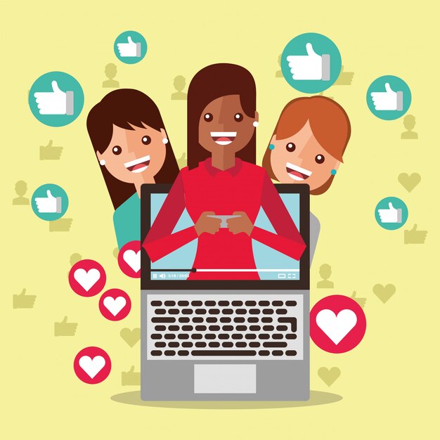 Blogger mujer en la pantalla contenido viral personas seguidores como amor