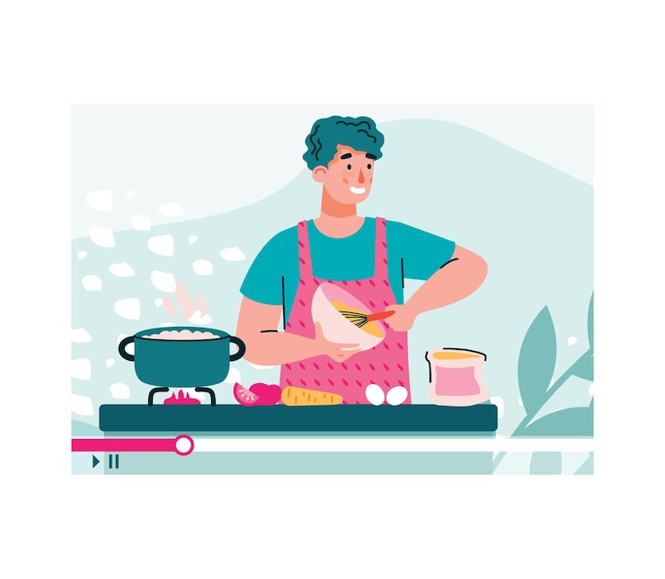 Vector blogger o vlogger dispara ilustración de vector de dibujos animados tutorial de cocina aislado