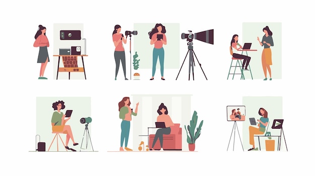 Blogger set de video Mujeres posando y hablando para la cámara de video en vacaciones en el gimnasio en casa
