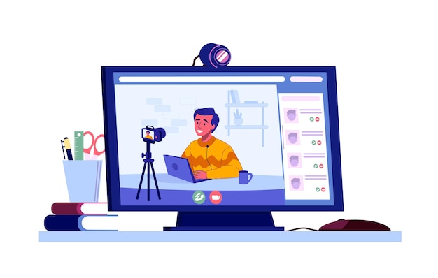Blogger transmisión en vivo Vloggers grabar video para canal de Internet Influencer de redes sociales Pantalla de computadora Transmisión en línea Contenido podcast Micrófono y cámara Concepto vectorial