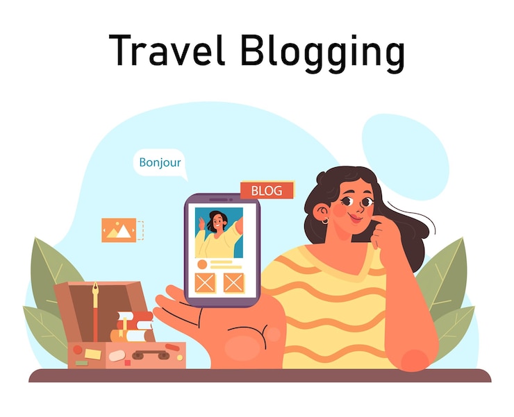 Vector blogger de viajes joven mujer disparando un video para el blog en diferentes países mujer compartiendo