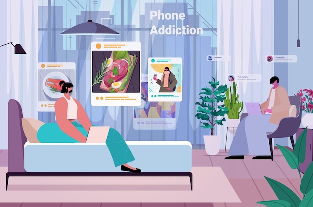 bloggers compartiendo y viendo fotos en las redes sociales pareja haciendo publicaciones para seguidores concepto de adicción a las redes sociales sala de estar interior horizontal ilustración vectorial de longitud completa