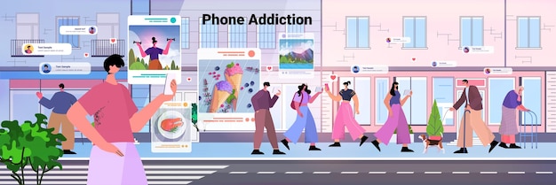 bloggers de personas adictas que comparten fotos en las redes sociales hombres mujeres haciendo publicaciones para seguidores concepto de adicción a las redes sociales ilustración de vector horizontal de fondo de paisaje urbano