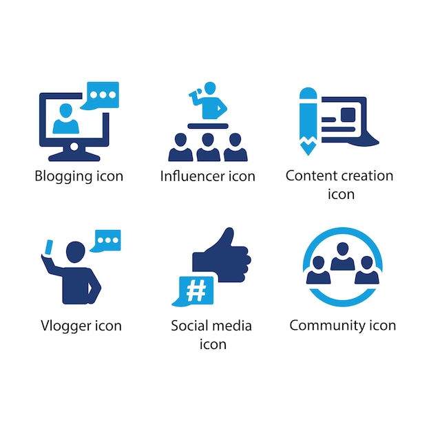 Blogging Influencer Creación de contenido Vlogger Redes sociales Comunidad Conjunto de íconos azules